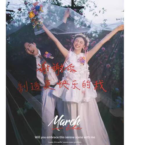 结婚领证拍照道具红毛线粘字头纱