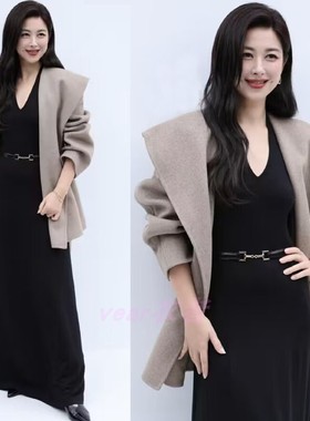 明星刘亦菲朱珠同款全羊毛双面呢外套黑色连衣裙礼服大衣宽松女冬