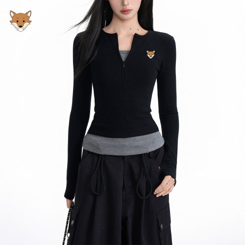 April Fox /英国小狐狸黑色假两件正肩长袖t恤女秋修身内搭v领上