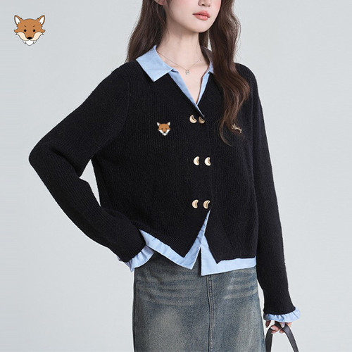 April Fox英国 小狐狸假两件翻领长袖上衣女秋学院风斜扣短款上衣