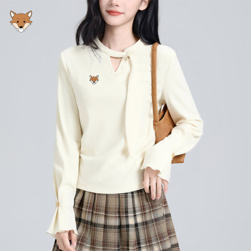 April Fox英国 小狐狸杏色长袖t恤女2026秋季新款设计感收腰上衣