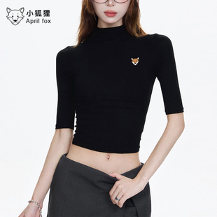 April Fox英国 小狐狸半袖收腰显瘦半高领T恤2026春新款内搭女上
