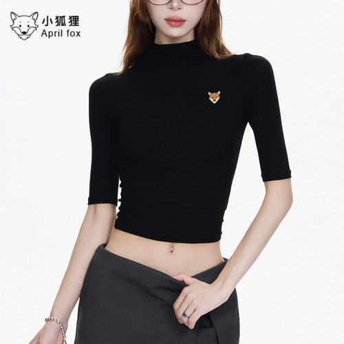April Fox英国 小狐狸半袖收腰显瘦半高领T恤2026春新款内搭女上