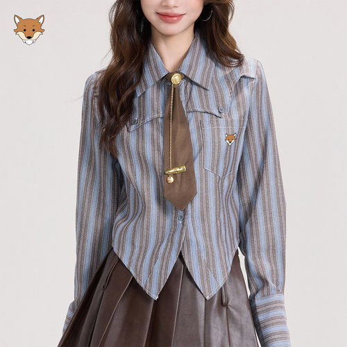 April Fox英国 小狐狸蓝灰条纹领带长袖衬衫女早秋学院风收腰衬衣