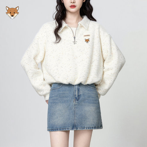 April Fox英国 小狐狸米白半拉链长袖卫衣女2026秋季慵懒宽松外套
