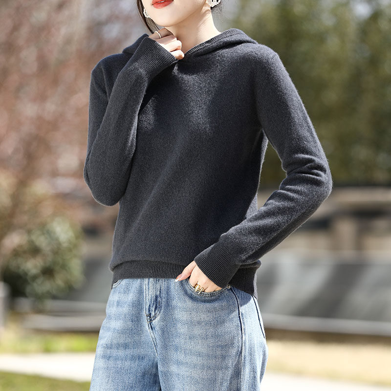 25秋冬100%纯羊毛连帽针织衫女带帽毛衣宽松打底衫配大衣减龄卫衣
