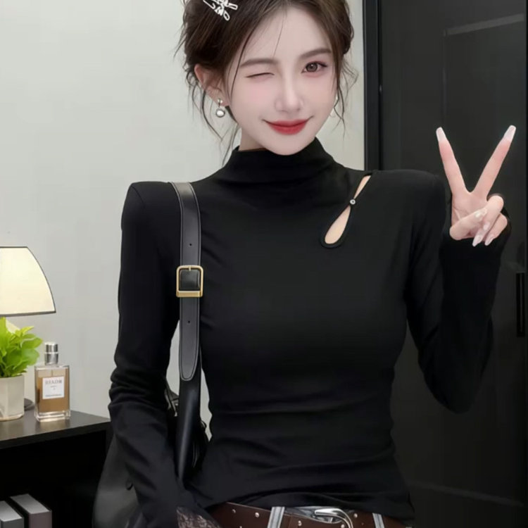 大码德绒半高领蕾丝修身打底T恤