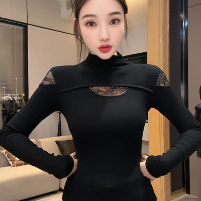 大码韩系蕾丝半高领德绒打底衫