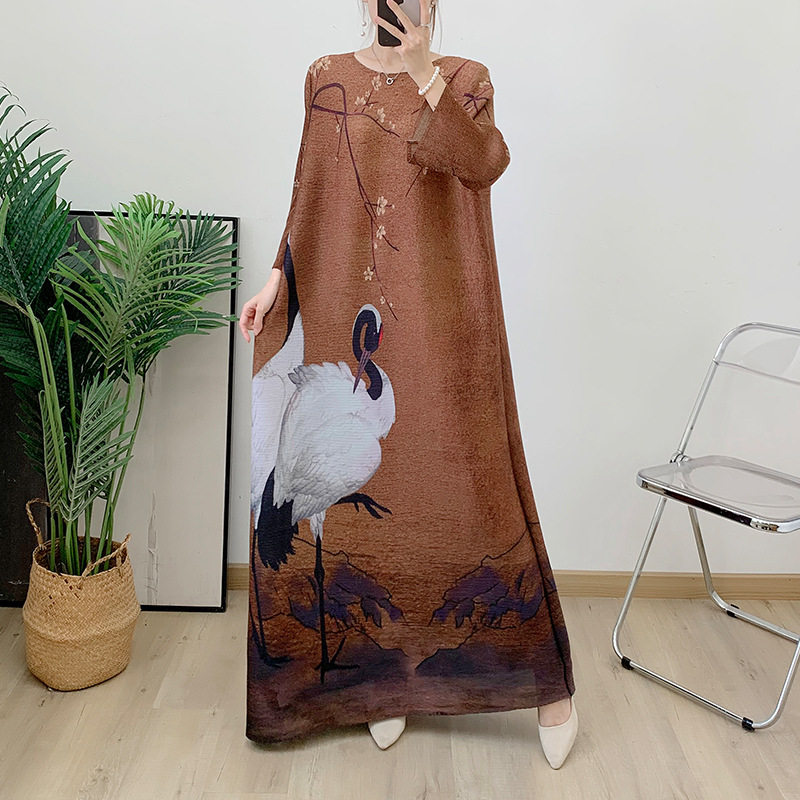 仙鹤印花女装长袍连衣裙女大码长裙感渐变长裙子优质日韩新潮精致