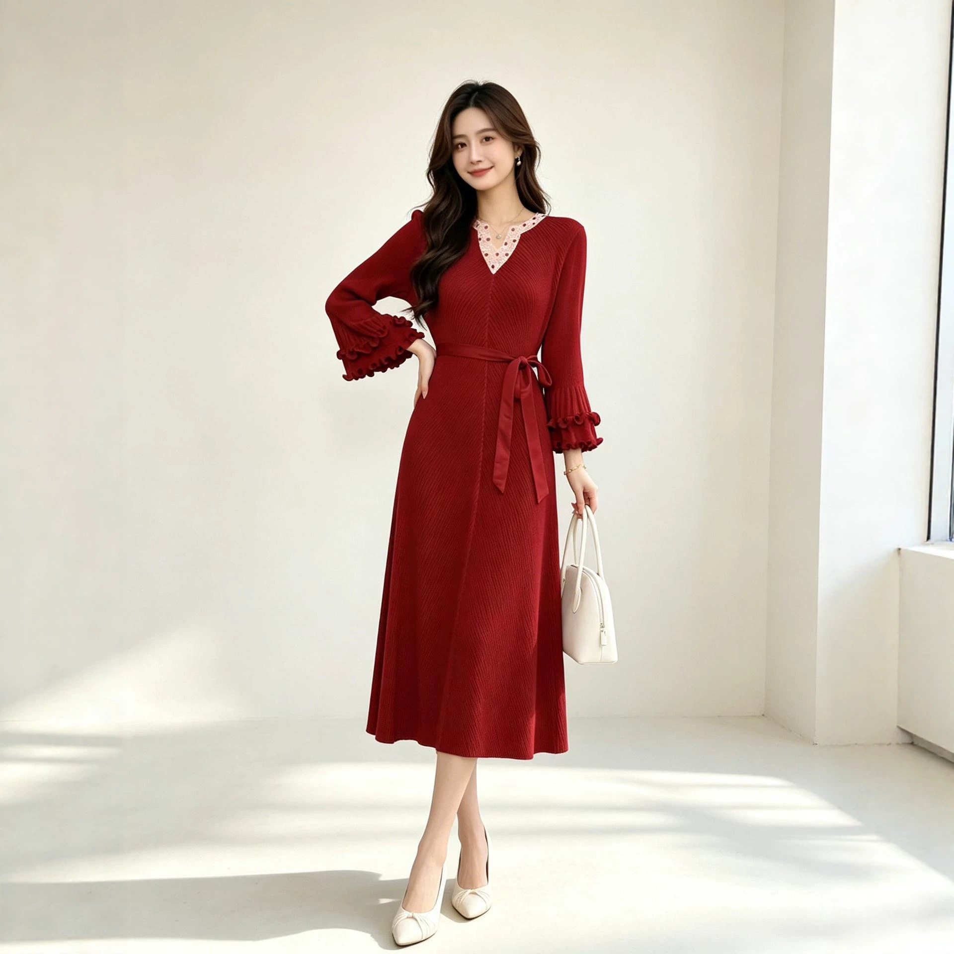 纯色时尚拼接设计感v领连衣裙春秋新款系带褶皱中长款女裙子优质