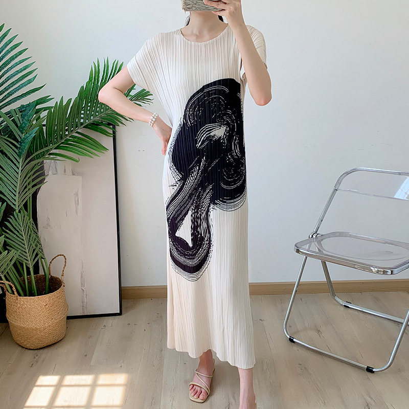 感复古印花背心长裙夏季显瘦褶皱连衣裙优雅气质减龄压褶女优质日