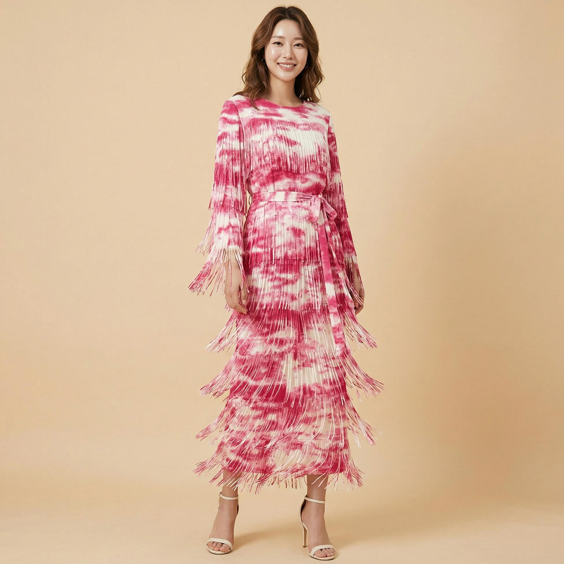 欧美女装时尚气质款热卖款印花系带流苏长裙优雅礼服裙优质日韩