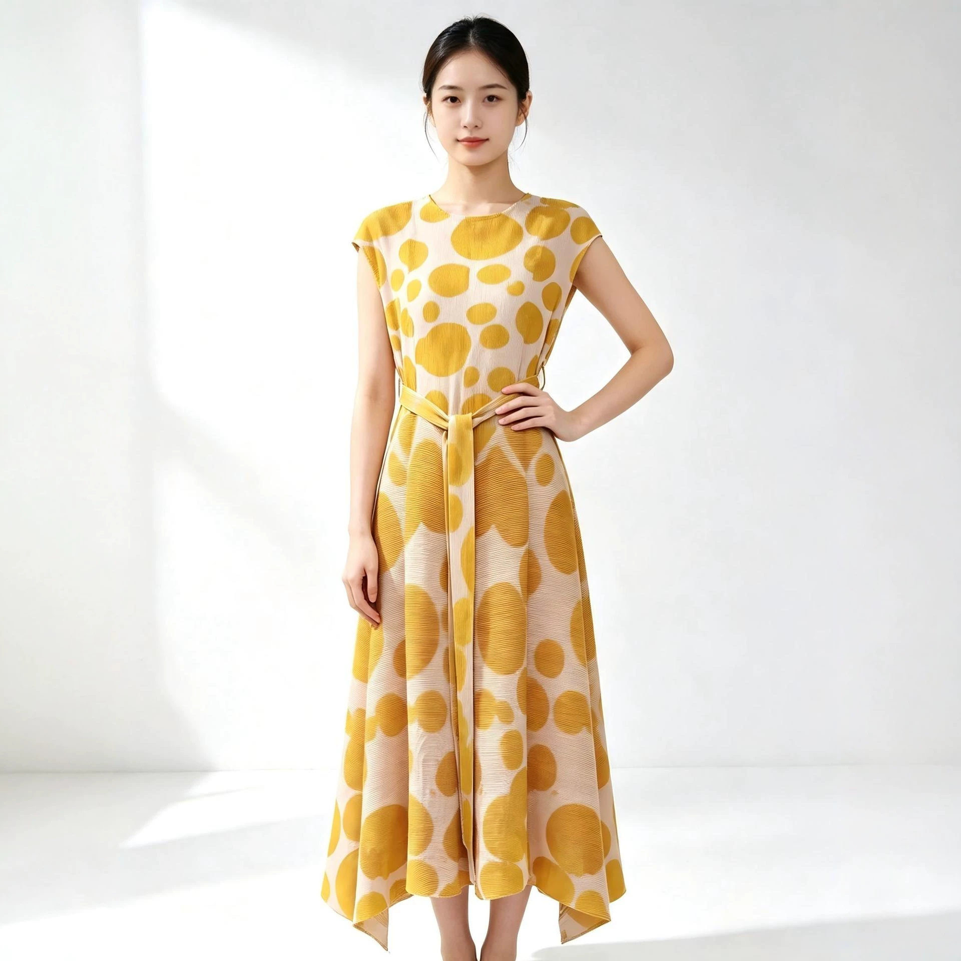 修身时尚黄色褶皱印花连衣裙夏新款气质优雅感系带裙子女优质日韩