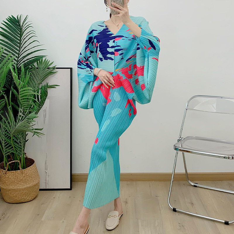 褶皱v领蝙蝠袖长裙夏新款女气质优雅印花显瘦名媛风连衣裙优质日