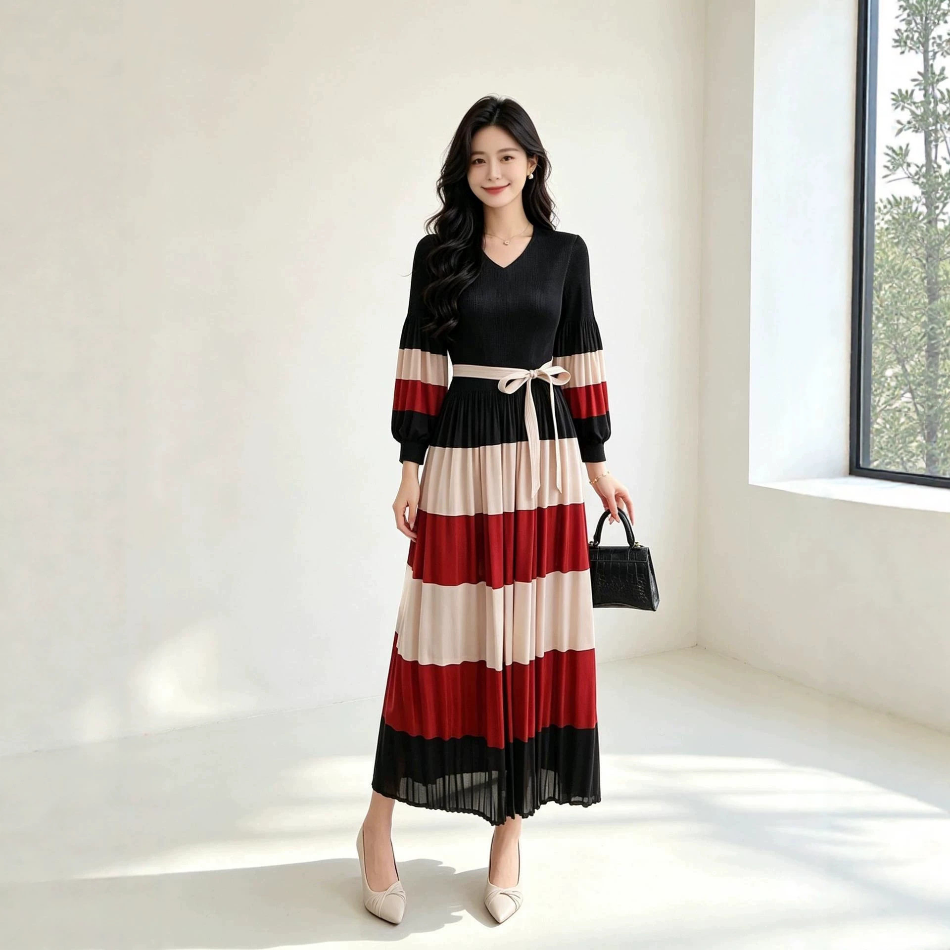 设计感时尚拼色褶皱连衣裙春秋新款泡泡袖长袖系带女裙子优质日韩