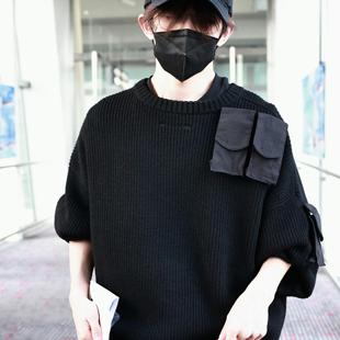 套头针织 星服易烊千玺同款 毛衣秋冬季 韩版 宽松多口袋纯色圆领长袖