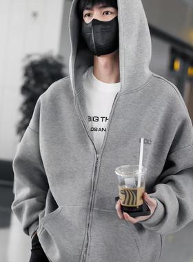 星服张凌赫明星同款灰色刺绣外套重磅空气层开衫拉链外套加厚连帽