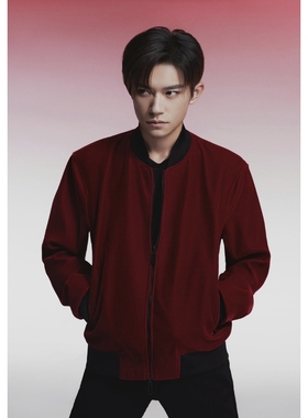 易烊千玺同款金丝绒夹克外套男士时尚休闲百搭红色棒球服外套