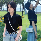 薄款 黑色T恤女短袖 针织polo翻领衫 欧购白鹿同款 休闲上衣年夏季 新