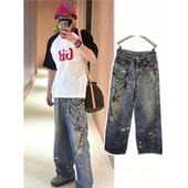 饰蓝色牛仔裤 星服白敬亭同款 3D立体打印涂鸦泼墨装 宽松休闲直筒长