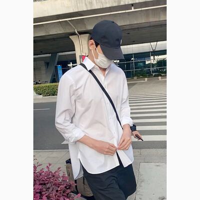 欧代王凯同款长袖白衬衫男女打底衫内搭纯色简约宽松潮牌夏季开衩