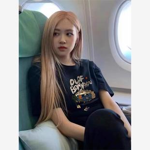 欧购朴彩英明星同款 黑色印花纯棉小众体恤上衣 短袖 t恤女新款