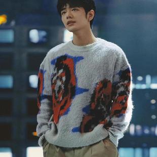 毛衣男 宽松涂鸦慵懒风撞色圆领毛绒绒针织衫 星服肖战明星同款 新款