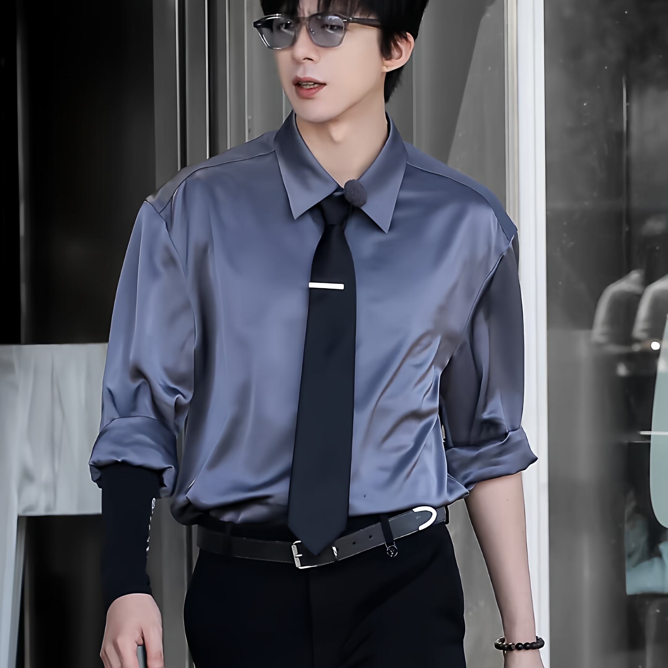 刘宇宁同款法式醋酸缎面男衬衫