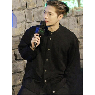 星服王嘉尔同款春夏新款立领黑色外套简约休闲时尚潮流宽松衬衫外