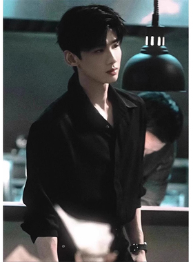 欧购白敬亭难哄同款黑色衬衫男春季痞帅高街宽松衬衣内搭叠穿clea