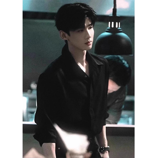 欧购白敬亭难哄同款黑色衬衫男春季痞帅高街宽松衬衣内搭叠穿clea