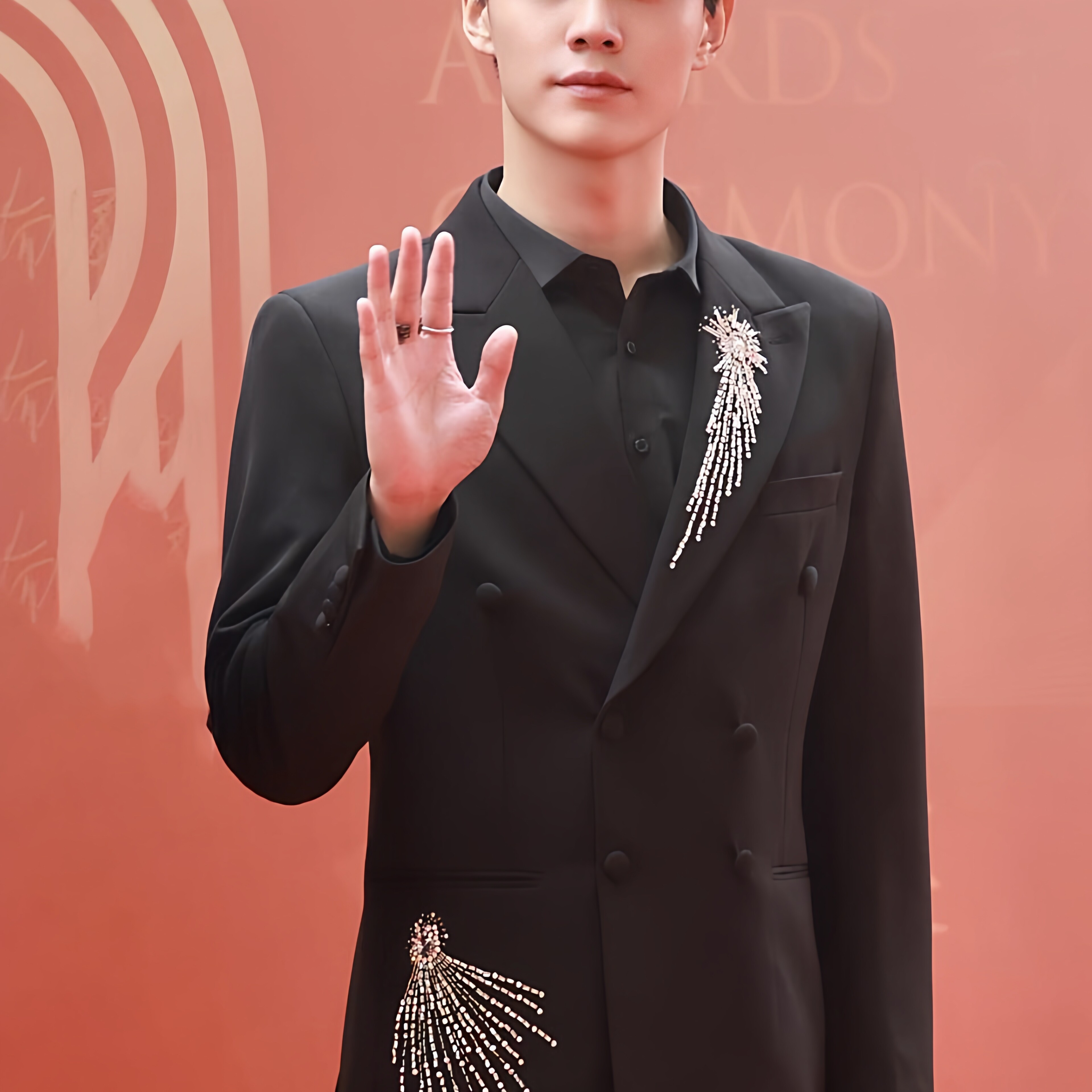 明星同款手工绣珠戗驳领男士西服图片