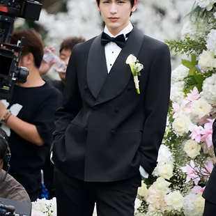 张凌赫明星黑色青果领双排扣西服男士 高级痞帅新郎结婚宴会礼服潮
