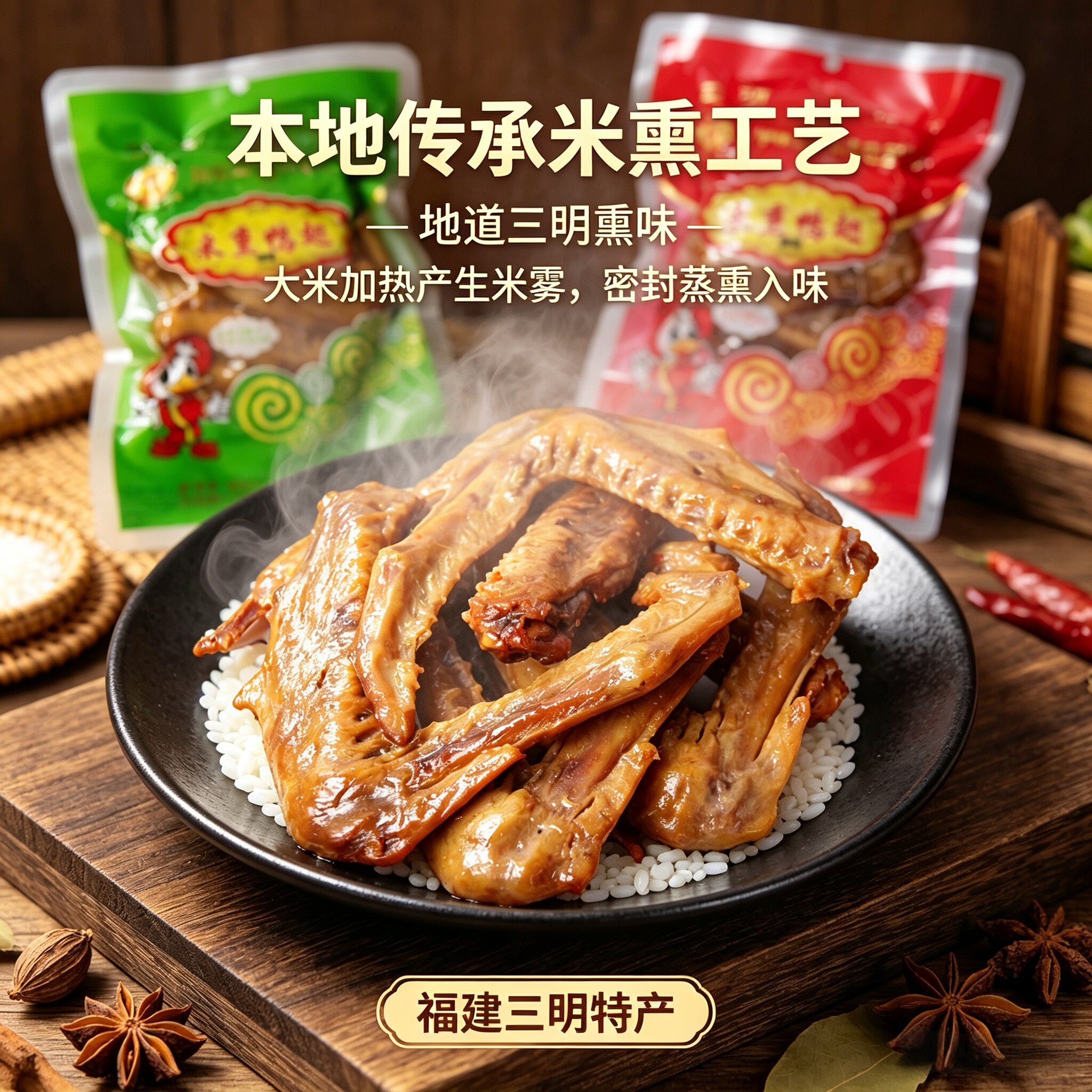 三明市场玉兰熏味熏鸭翅膀福建熏鸭脖特色小吃特产玉兰熏鸭翅500g