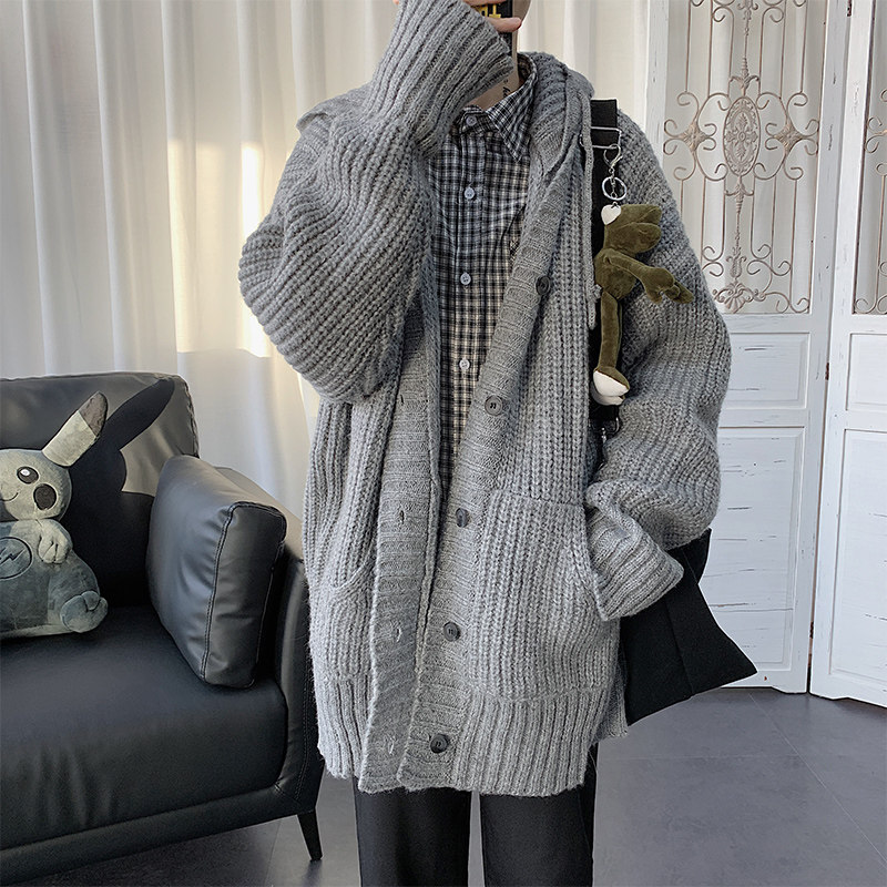 인 잘 생긴 후드 느슨한 두꺼운 스웨터 남자 카디건 스웨터 겉옷 가을 겨울 후드 블랙 캐시미어 스웨터