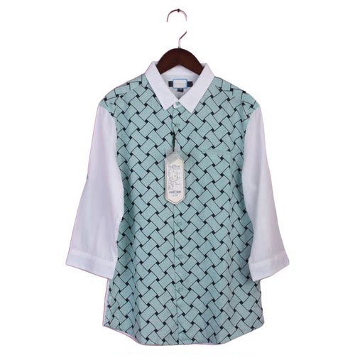 品牌折扣翻领拼接中袖双十一衬衫