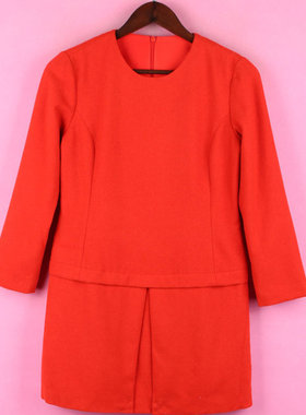 【徐08】10TPN006女装春秋款上新圆领红色喜庆本命年毛呢连衣裙