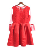 朵系列166DY144春夏秋女收腰伞摆长袖 徐07 红蕾丝连衣裙