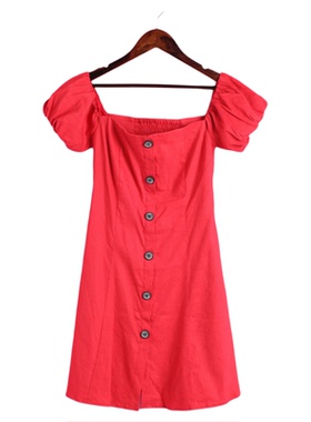 【徐07】香蕉系列124XJBB407品牌折扣清仓女夏一字肩棉麻红连衣裙