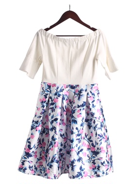 【徐07】灵系列160LD763夏女一字领收腰伞摆A字短袖连衣裙