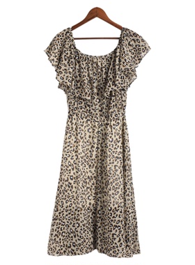 【徐07】米奈系列149MNT067女夏季一字肩长收腰豹纹荷叶领连衣裙