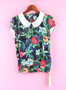 [徐][万] 包邮300227女式夏季套头圆领短袖印花混色雪纺上衣