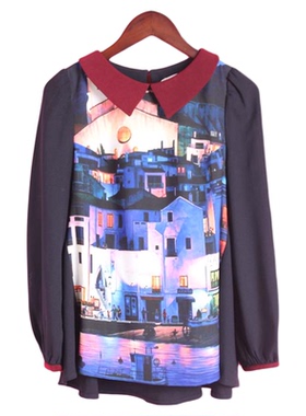 【徐08】R系列142070清仓春秋女套头翻领长袖印花休闲雪纺衫上衣