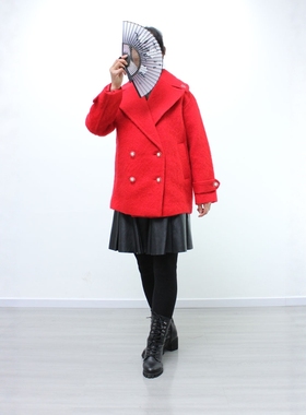 【徐10】500OSL013女秋冬翻领长袖短款毛呢大衣红色短外套