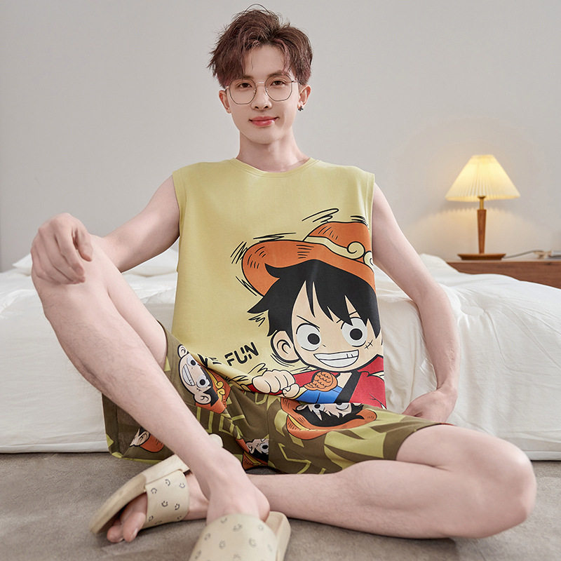 纯棉背心睡衣男士卡通学生青少年无袖全棉大码夏季卡通家居服套装