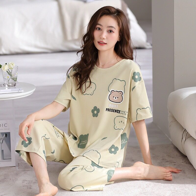 新款睡衣女夏季薄款七分裤休闲宽松学生胖妹妹大码可穿家居服睡衣