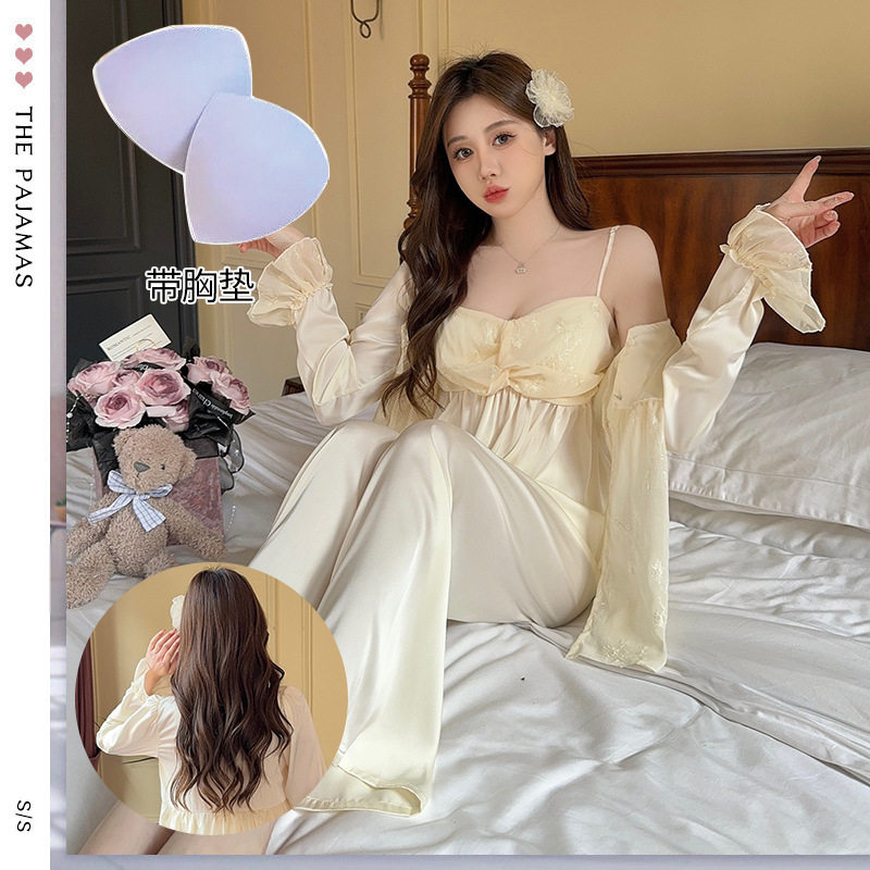 网纱三件套女士家居服性感纯欲蕾丝加胸垫聚拢吊带裙外袍裤子套装