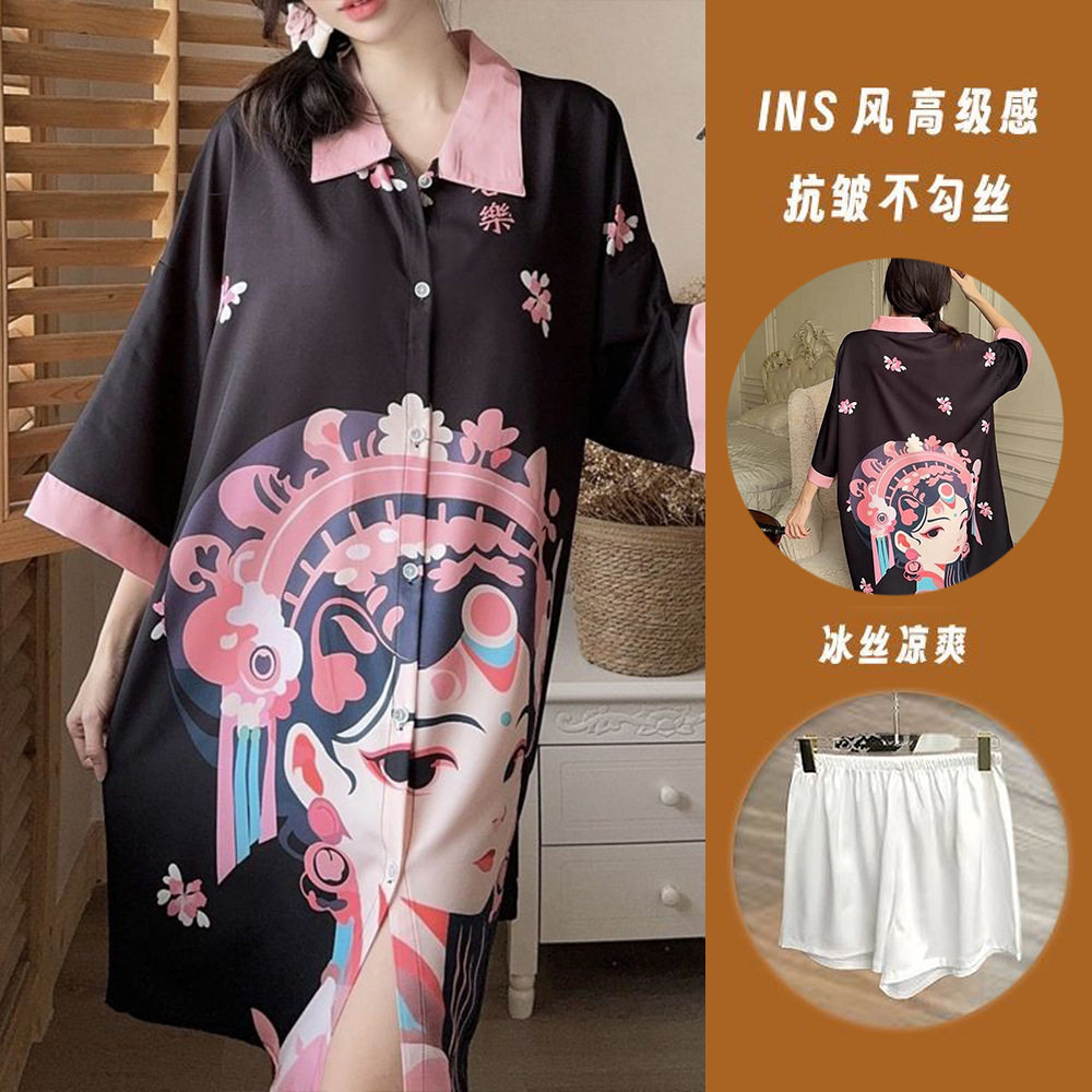 夏季睡裙女冰丝夏天高档睡衣新款丝绸短袖长款宽松大码胖mm家居服