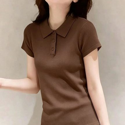 简约翻领短袖POLO衫女夏季针织修身百搭显瘦上衣