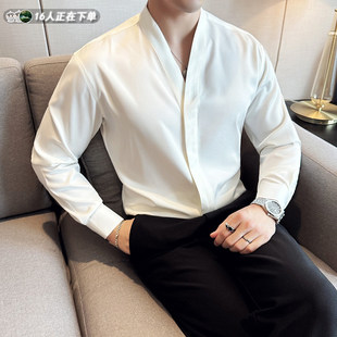 v领衬衫男士长袖夏季冰丝深v上衣新中式男装中国风无领白衬衣男款